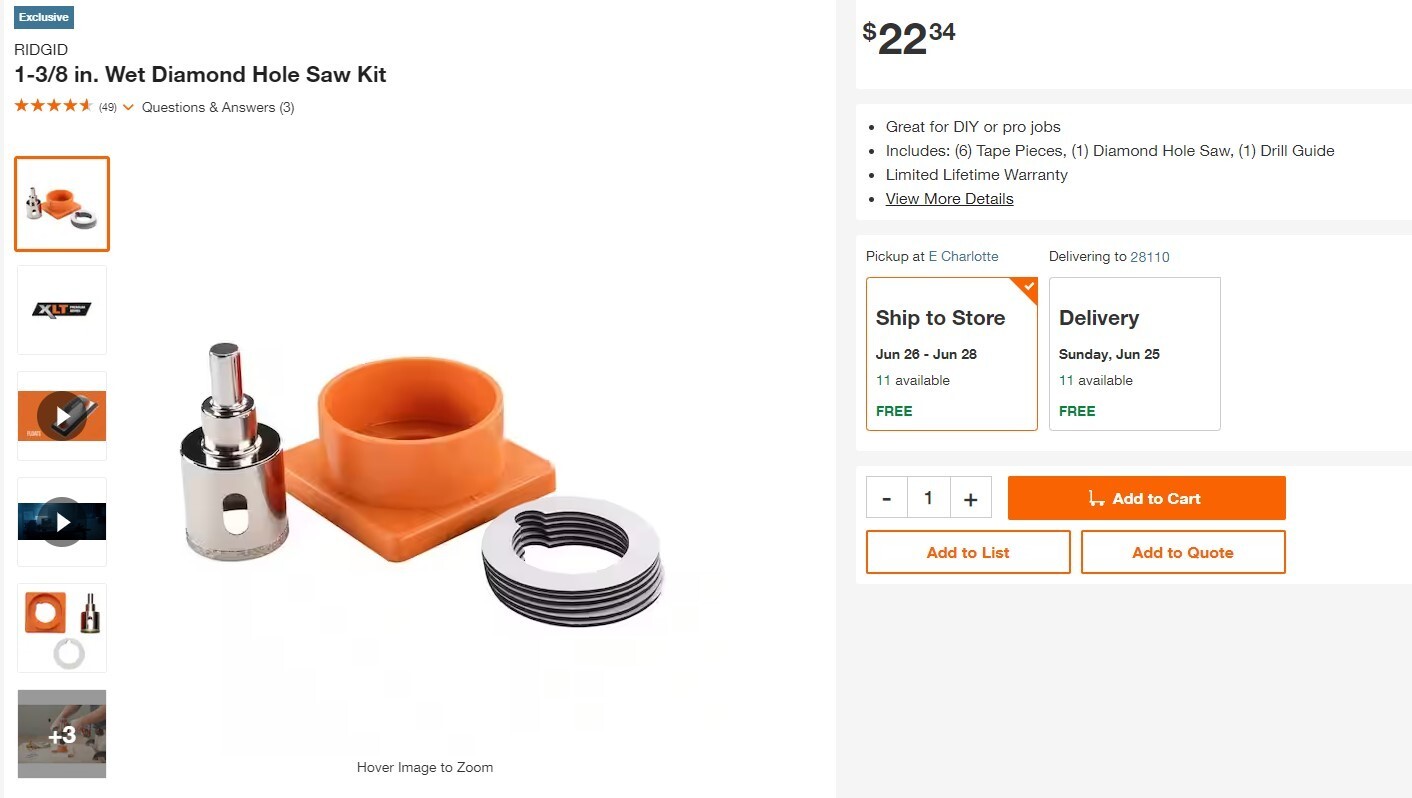 Ridgid 1-3/8'' In Wet Diamond Hole Saw Kit Ceramic Granite Glass Tile FT6005
