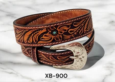 Western Rodeo Cognac Tan Turquois Tooled Leather Belt Floral Billet Size 44 46