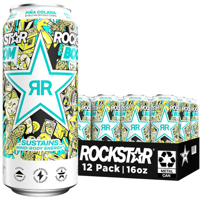 Rockstar Boom Energy Drink, Pina Colada, 16 Fl Oz Cans (Pack of 12)