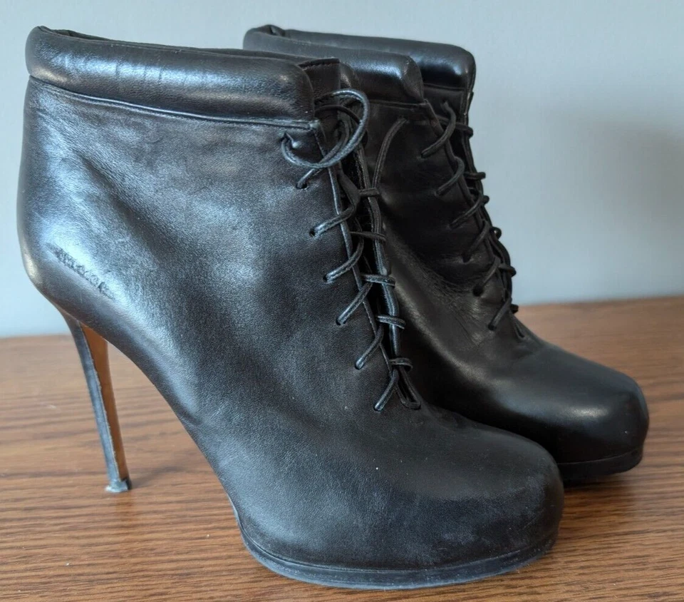 Botas Theory para mujer de cuero negro con cordones botas de abuela talla 38 4" tacones Italia Foto 3 de 4