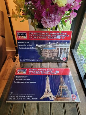 Lot of 2 ART MINDS NEW! EIFFEL TOWER 21'' TALL WOODEN PUZZLE SET & White House
