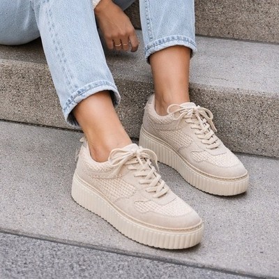 Dolce Vita Zina Platform Sneakers Cream Beige Suede Woven Metallic Womens 8.5