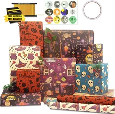 Halloween Wrapping Paper, 6 Sheets Skulls Pumpkin Gift Wrapping Paper, Kraft Pap