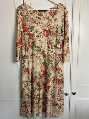 Peruvian Connection Jerseykleid Größe L creme geblümt unterhalb des Knies 3/4 Arm