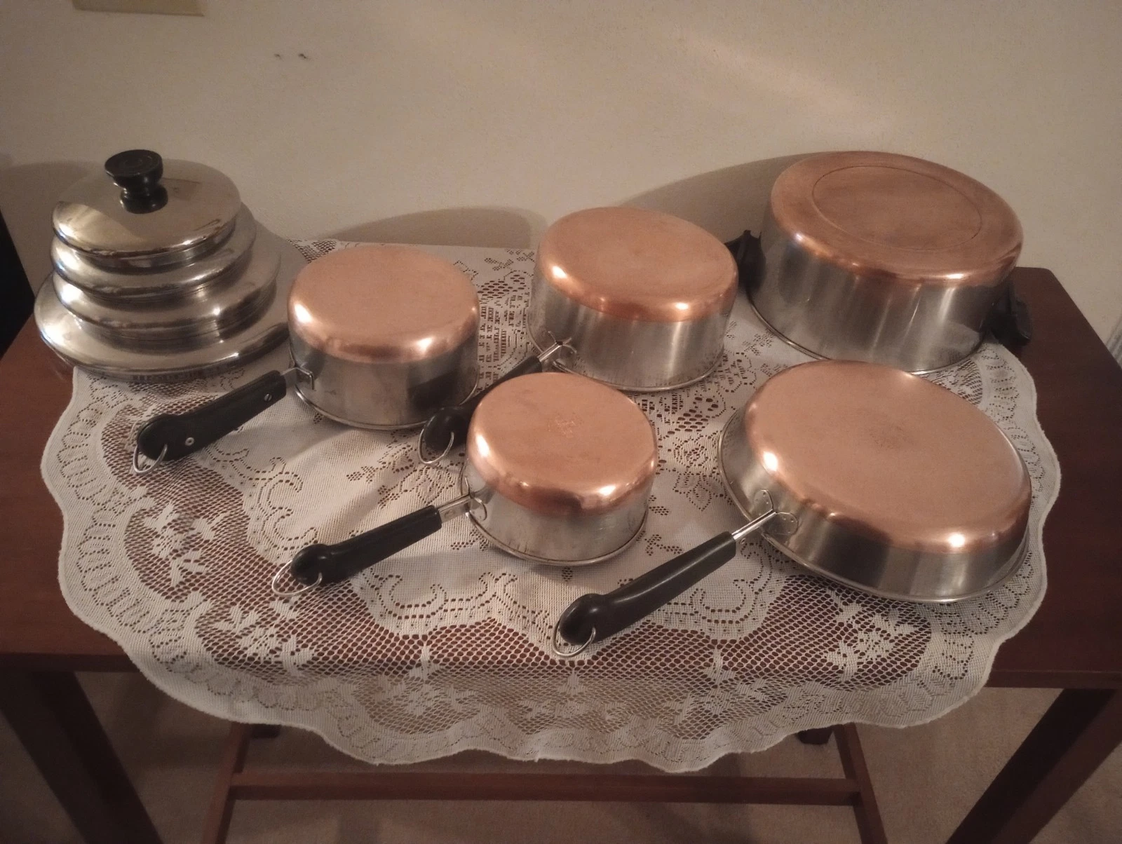 Vtg 1801 Revere Ware 9pcs Copper Bottom Pots 1qt, 1.5qt,2qt, 4.5qt, 9in skillet
