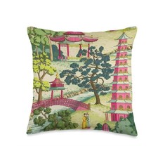 Cute Chinoiserie Pagoda Toile Throw Pillow Decorative Accent Cushion