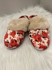 Victoria's Secret Fur Floral Rose Striped SATIN Soft Bedroom Slippers Slides L