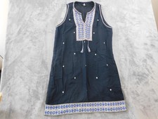 Madewell Dress Womens 8 Navy Blue Embroidered Tassel Shift Pockets Cotton Boho