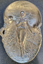 Antique Art nouveau Figural Pin/card  Tray Woman And Horned Gremlin Floral