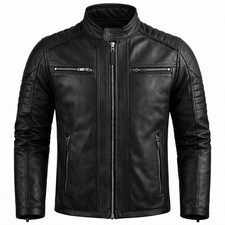 Men's Black Genuine Lambskin Leather Moto Biker Jacket Quilted Cafe Racer Coat