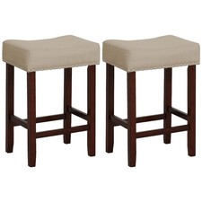 Set of 2 Bar Stools Counter Height Saddle Kitchen Chairs w/ Wooden Legs Beige