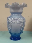 Fenton Type Victorian Blue Cased Glass Vase Ruffled Top 12” Tall VGUC