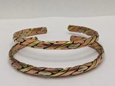 Braided Three Metal Cuff Bracelet. Brass, Copper & Silver Tone Metal. Pair Of 2.