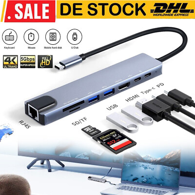 8-in-1 USB-C Hub Adapter mit HDMI 4K, USB 3.0, RJ45 LAN, MicroSD-Kartenleser
