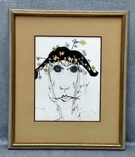 Kravitz Signed Surreal Woman in Floral Hat Abstract Face Painting Sketch Drawing