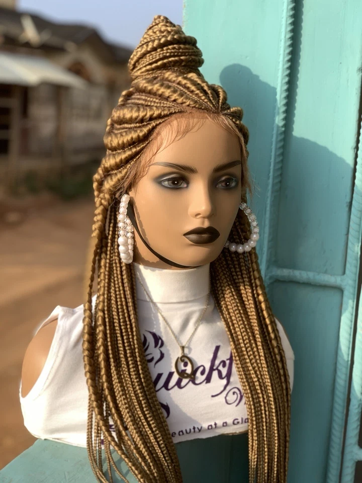 Peluca frontal de encaje sin nudos, trenzas Cornrow, peluca para mujer negra, peluca de encaje completa Foto 4 de 4