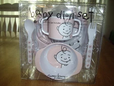NEW 5pcs Sugar Booger Pink Baby Dish Set Plate Bowl Sippy Cup Fork Spoon Girls