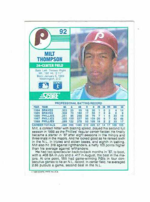 Milt Thompson Phillies #24 CF #92 Score 1989 Baseball Card | eBay