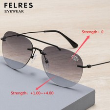 Men Metal Anti Blue Light Bifocal Tinted Reading Glasses Rimless Oval Sunglasses