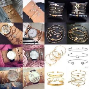 6Pcs/Set Women Boho Crystal Gold Silver Bracelets Beaded Bangle Cuff Jewelry NEW