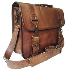 Leather Bag Laptop Genuine Vintage Messenger Men's Satchel Brown Briefcase 18"