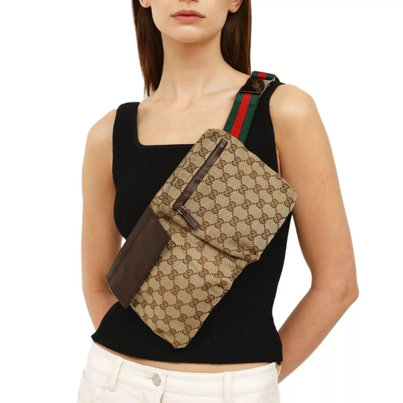 Sac ceinture double poche Gucci GG toile web print état A/B