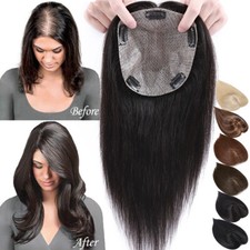 Women Hairpiece Real Remy Human Hair Topper Clip in Middle Part Toupee 15x16cm