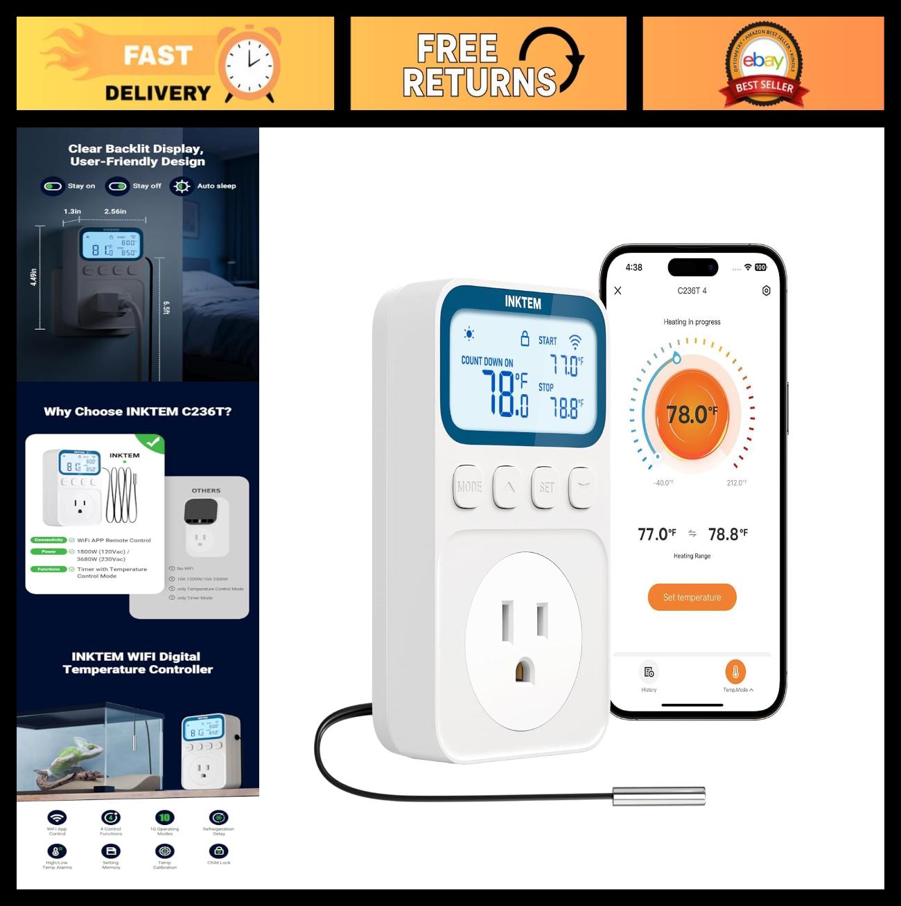 Smart WiFi Thermostat Outlet Space Heater Control