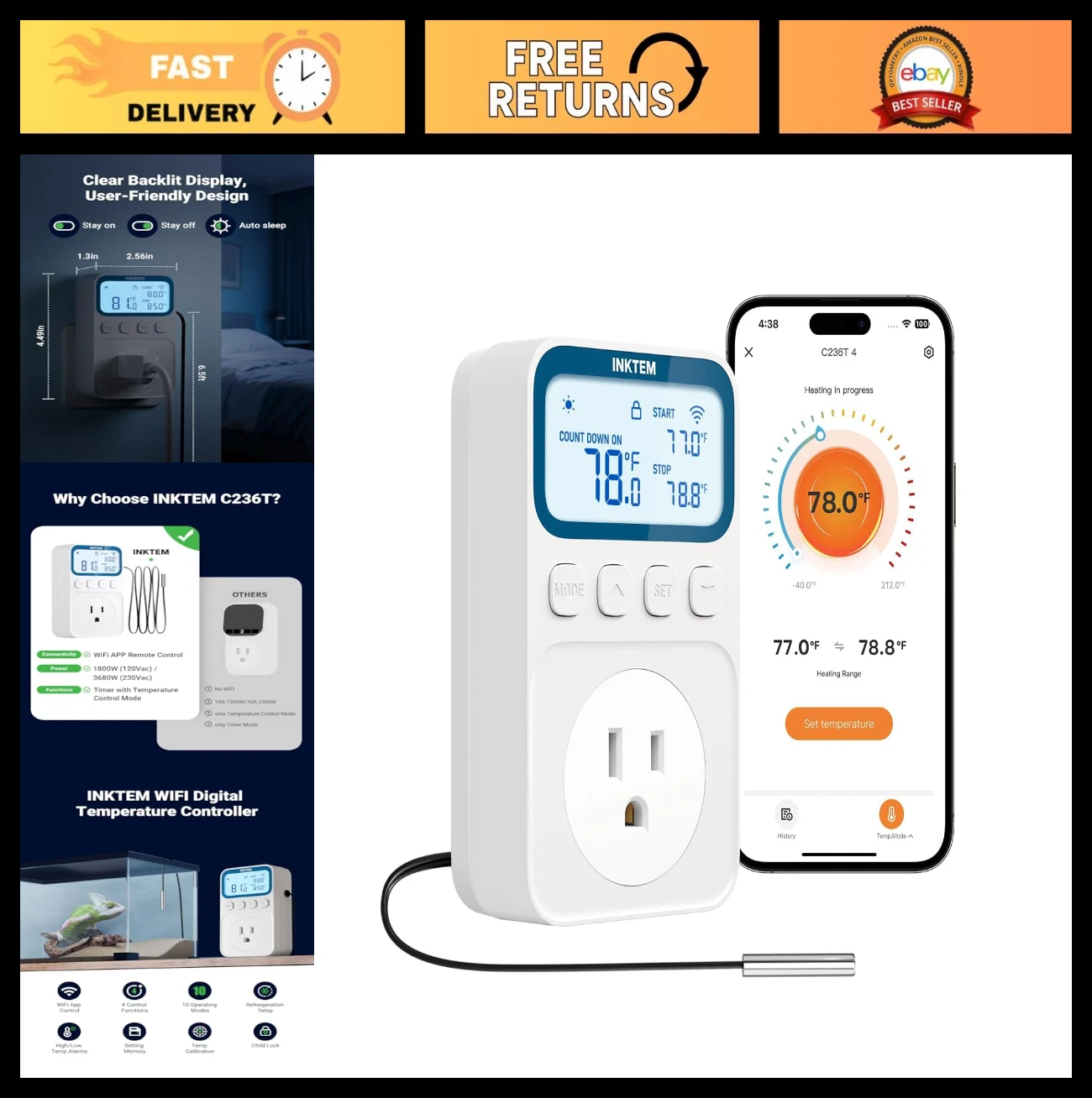 Smart WiFi Thermostat Outlet for Space Heaters, Temp Control Timer & Memory, IP6