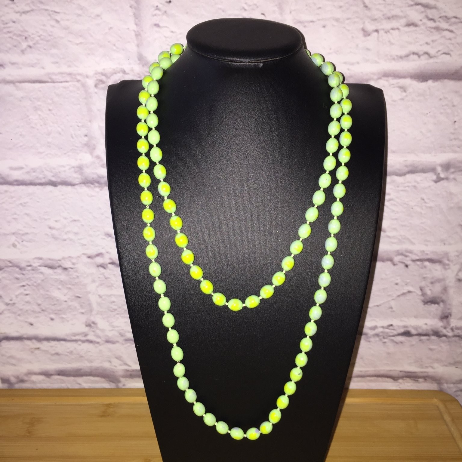 Vibrant Acrylic Beaded Necklace Long Green Yellow Purple Flapper Style