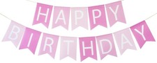 Pink Happy Birthday Banner - Prestrung Fabric Bday Party Sign for