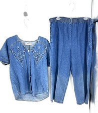 2Pc Set Jamie Brooke Petite Denim Button Down Shirt And Pants Women Size 12P