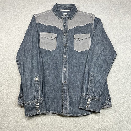 Guess Shirt Mens Medium Denim Colorblock Snap Button Western Cowboy Rodeo Farm - Picture 2 of 9