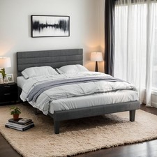 3FT Linen Upholstered Single Bed Frame with Adjustable Headboard Wooden Grey UK
