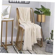 Luxury Vintage Cotton Throw Blanket Geometric Cable Knit Woven with White