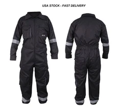 Men Black Coverall Overall Boilersuit Construction Industrial Work Wear Jumpsuit