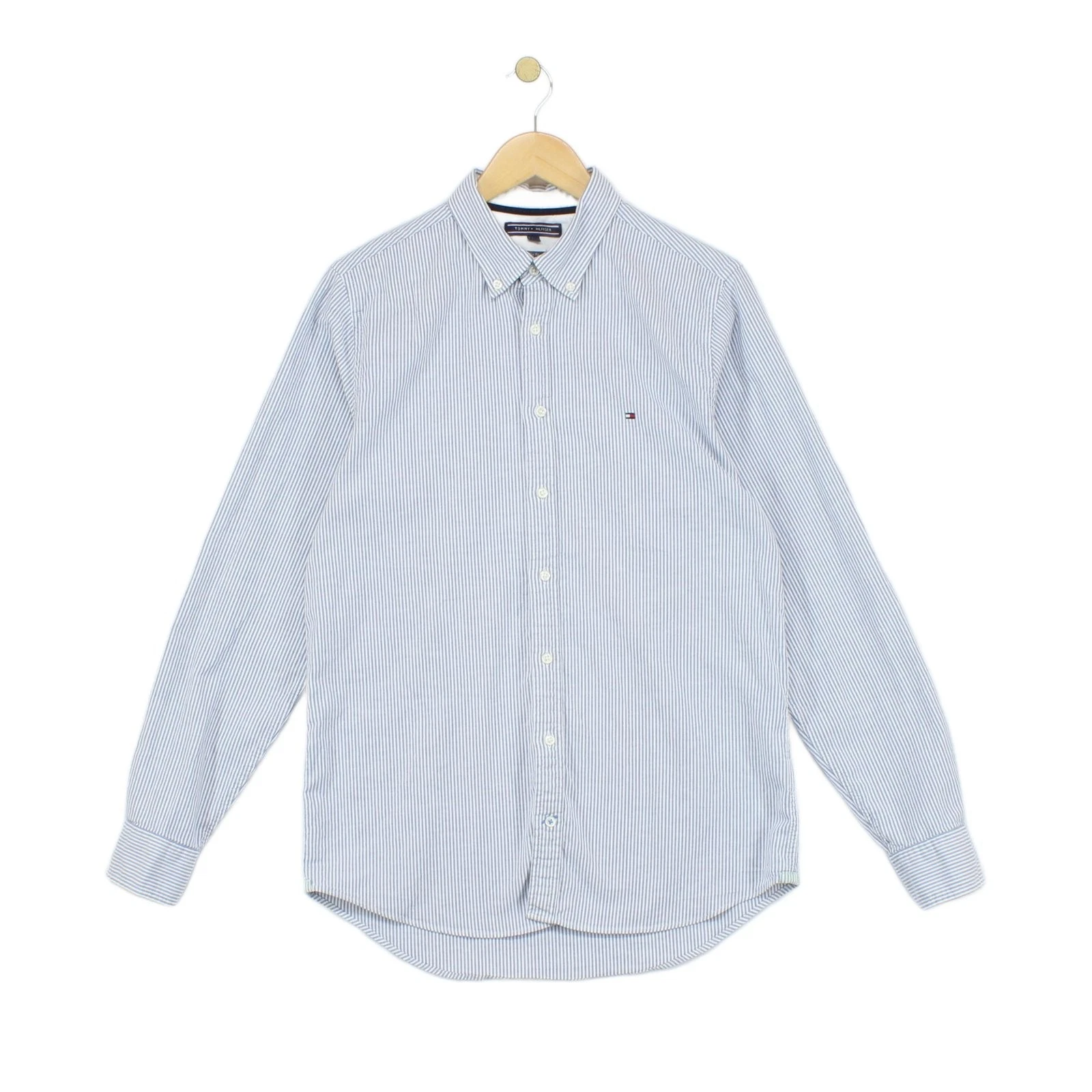 Tommy Hilfiger Striped Shirt Mens Size L Blue Stretch Slim Fit Button Up
