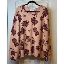 ELLE Women's XXL Peach Rose Print Long Sleeve Sweater Cozy Knit Pullover Top#