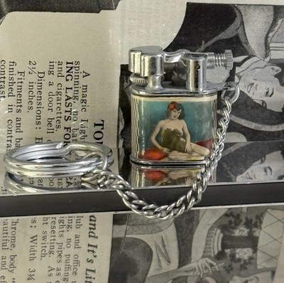 Vintage Japanese Mini Petrol Lighter Double Sided Pin-Up Lady Keychain Working