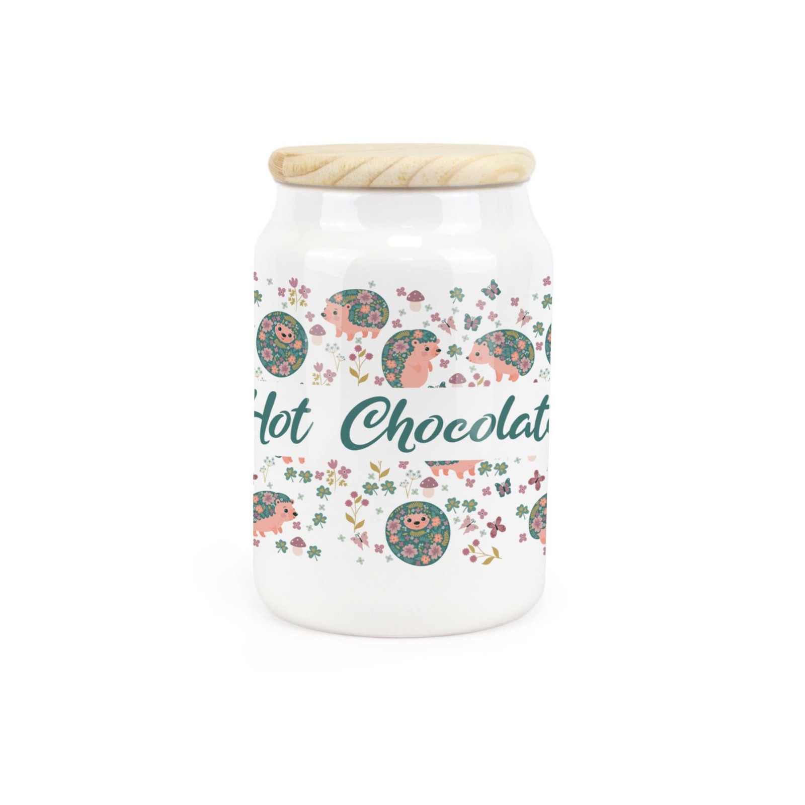 Ceramic Tapered Hedgehogs & Flowers Canister - Hot Chocolate Storage Container