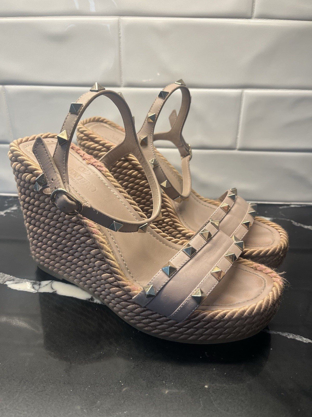 Valentino Garavani Rockstud Wedge Strappy Sandals Beige Leather Women's EU 39