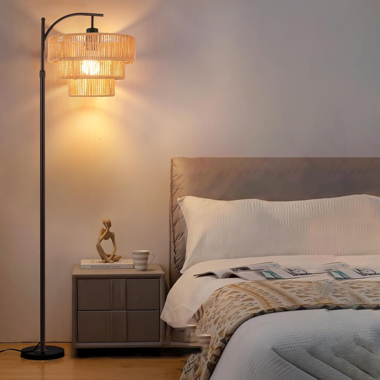 Boho Arc Floor Lamp with Remote for Living Room Bedroom Farmhouse Style