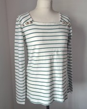 Image of Crew Clothing Breton Stripe Top UK 12 White Green Square Neck Gold Buttons BNWT