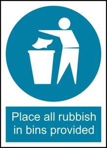 Place Rubbish In Bins Safety PPE Warning Self Adhesive Vinyl Sticker