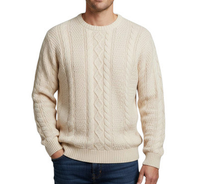 CROWN & IVY Fisherman Aran Style CABLE KNIT SWEATER Ivory Cream Cotton Blend M