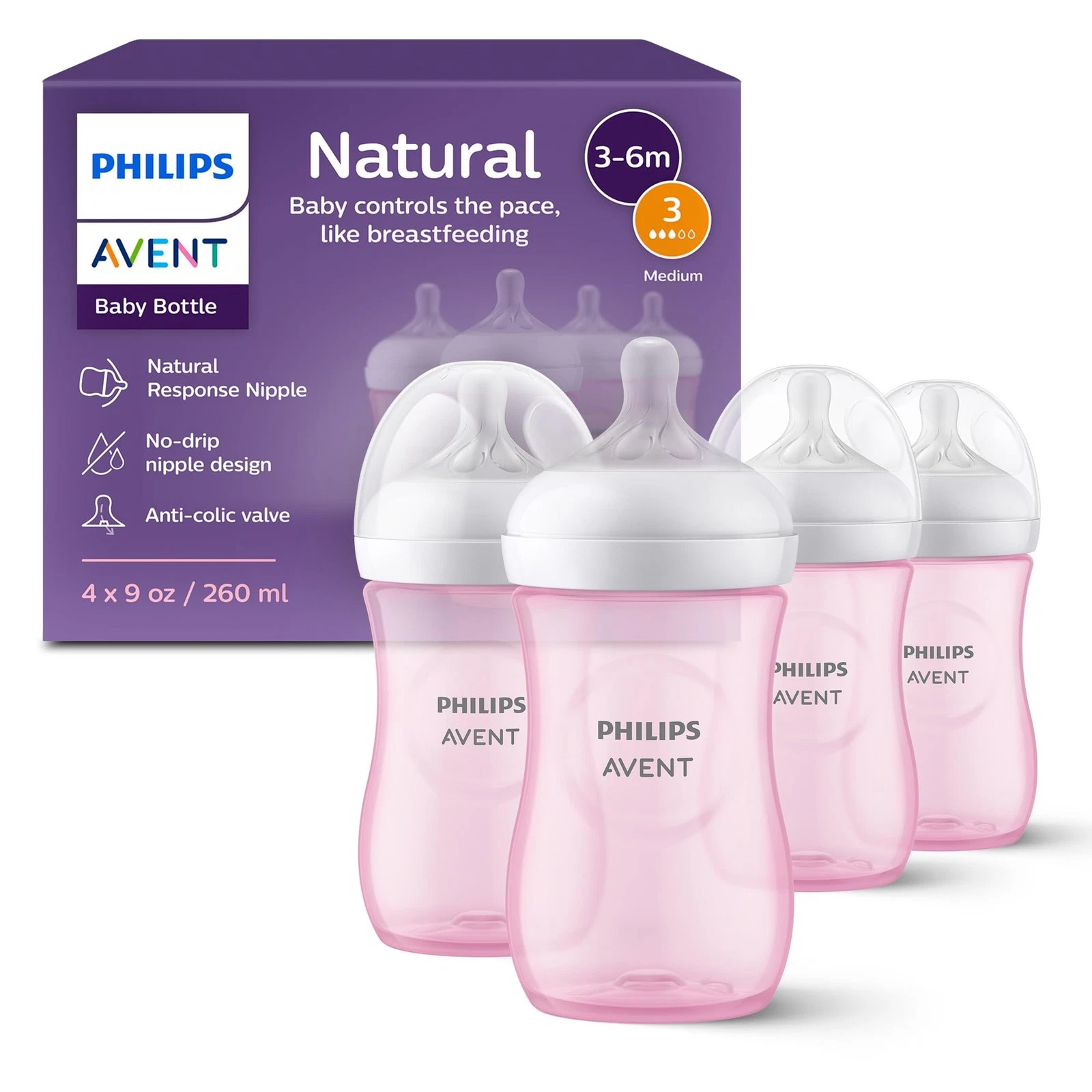 Philips Avent Natural Baby Bottles 4 Count 9oz Pink Anti Colic Medium Flow