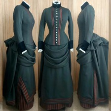 Historical Victorian Plaid Costume Dress Women Renaissance Civil War Bustle Gown