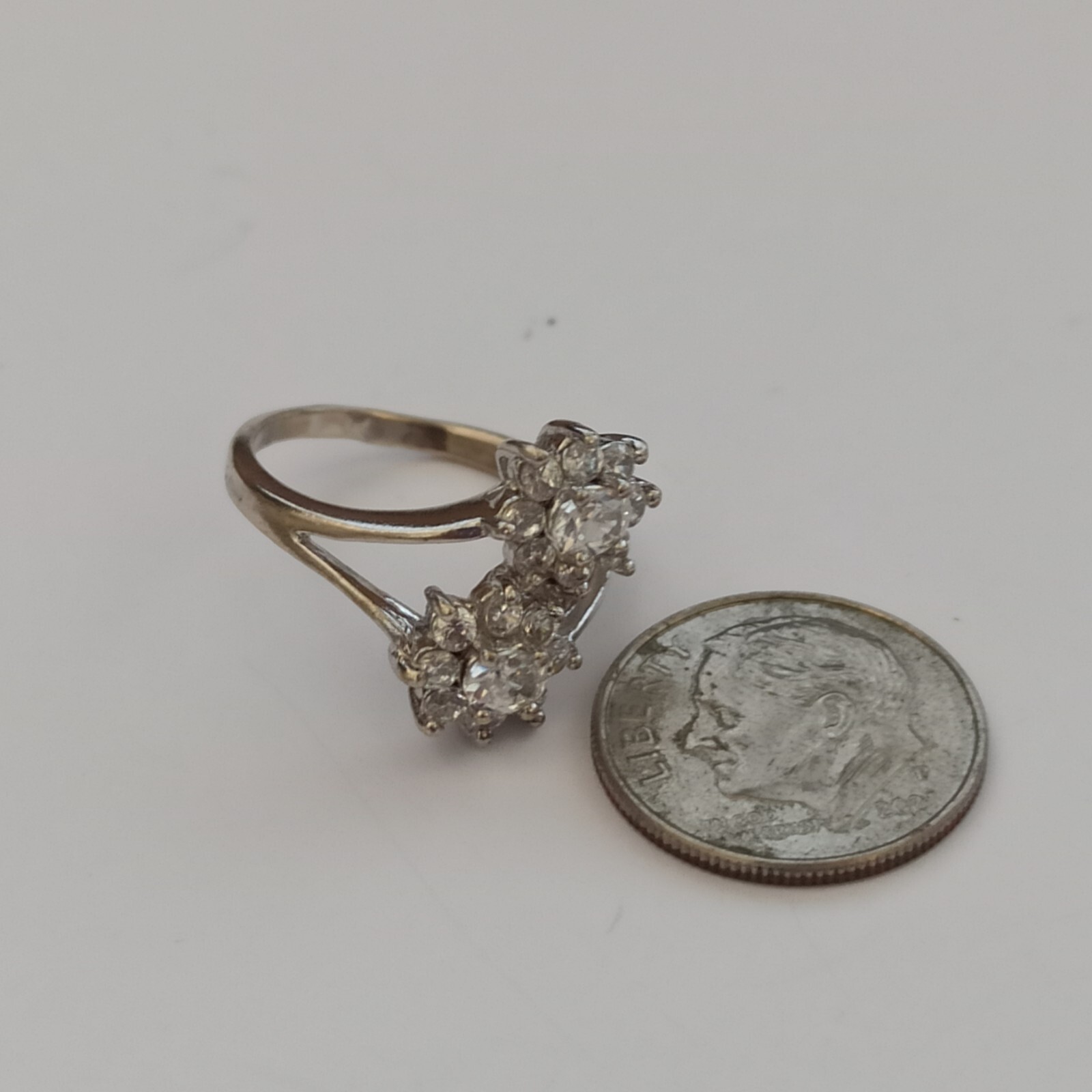 Silver Ring Simulated Diamonds Double Flower Time… - image 12