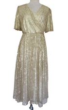 Ivy City Co Dress Beige Gold Sequins Maxi L Women