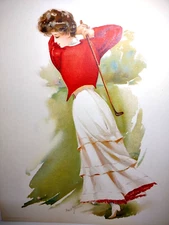 Victorian Art Print Women Golfer Artist Signed Maud Stumm Litho 1908 Original